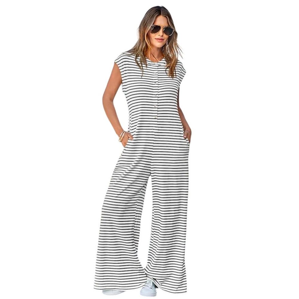 Boho Chic Lightweight Striped Button Front Wide Leg Jumpsuit Beachy Relaxed Fit